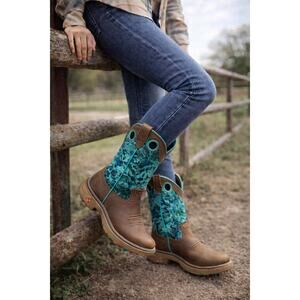 Justin Stampede Rush Waterproof Western Boots Sz 7B 11” Turquoise Camo SE4355